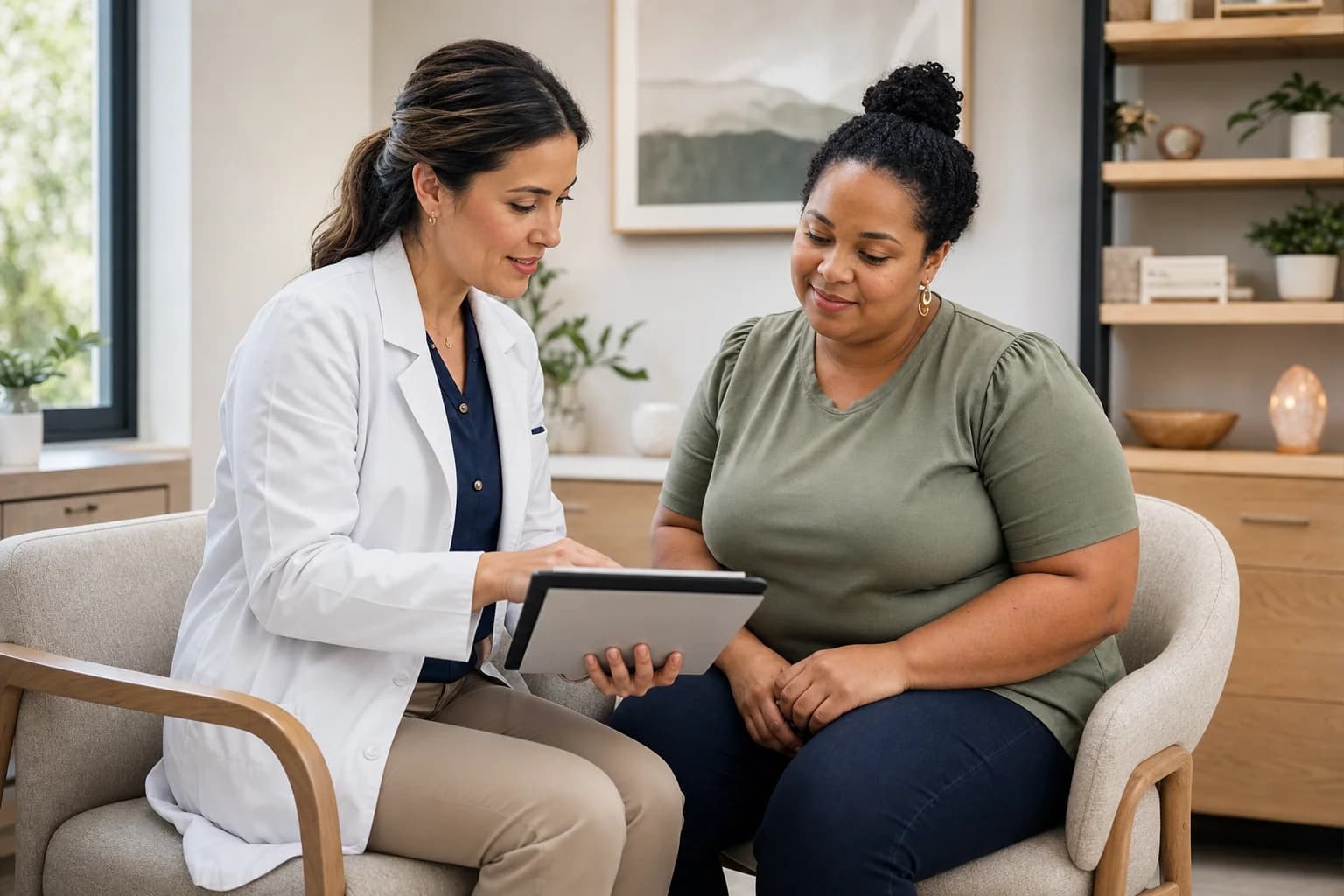 Healthcare professional reviewing a personalized weight management plan with a patient